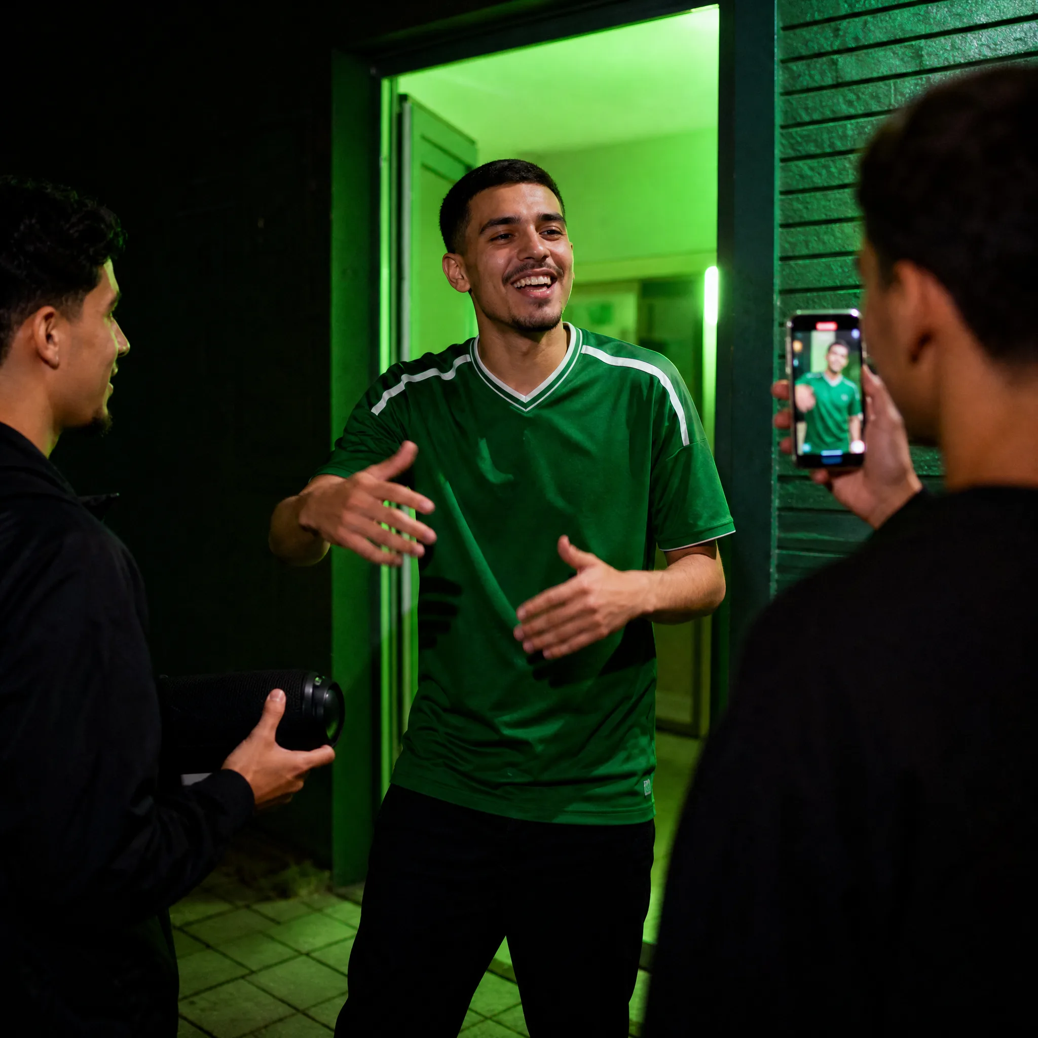 A grinning man in a green football jersey raps in a green-lit doorway while one friend holds a speaker and another films