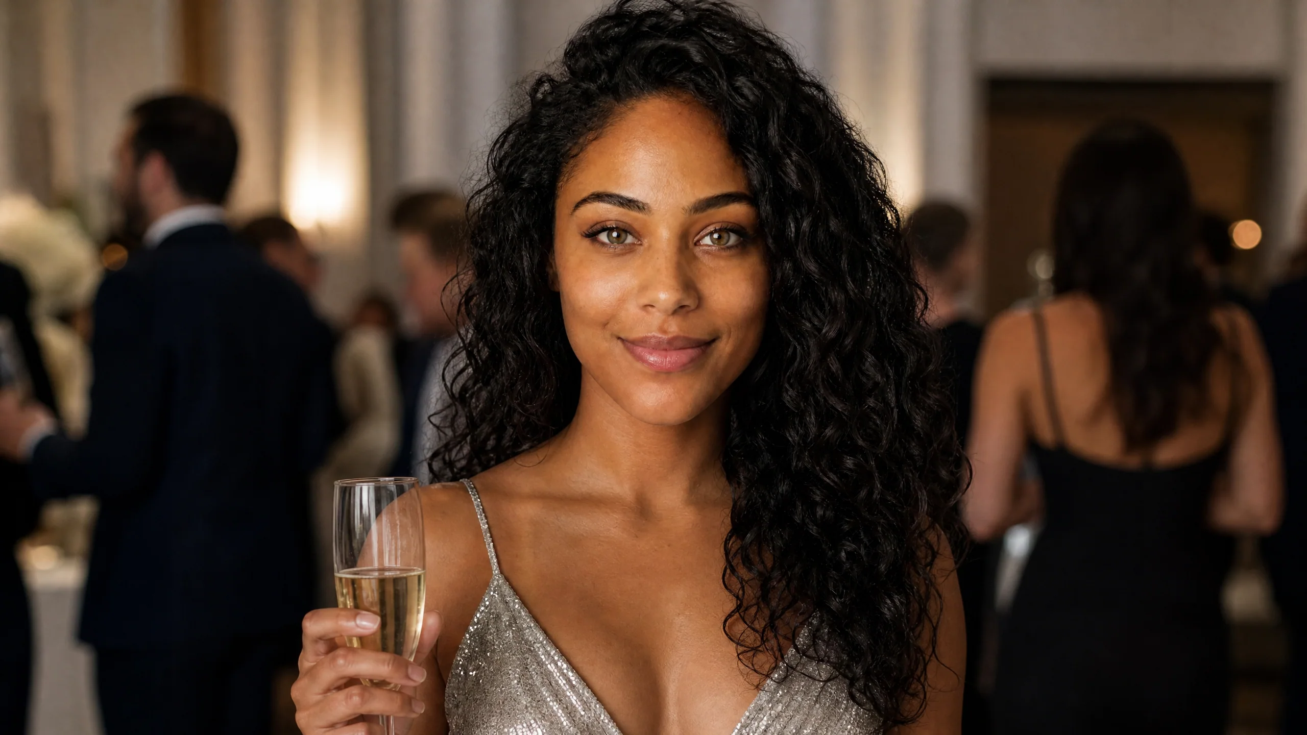 One Face Leads the Party Close portrait of a smiling woman with long curly hair holding a champagne flute at a candlelit party
