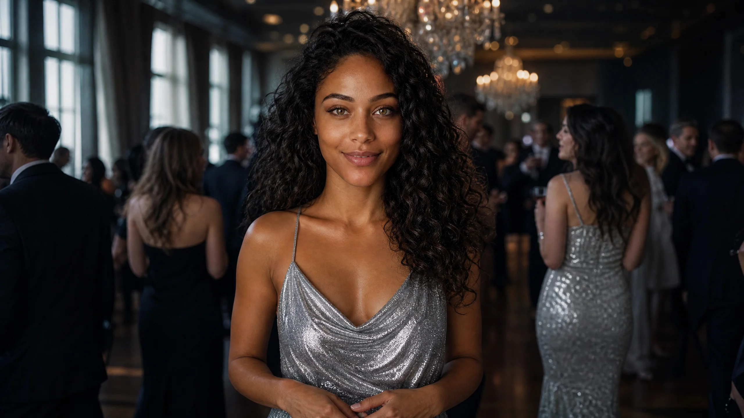 The Chandelier Ballroom A woman in a silver slip dress stands in a dark ballroom lit by two crystal chandeliers, guests in evening wear around her