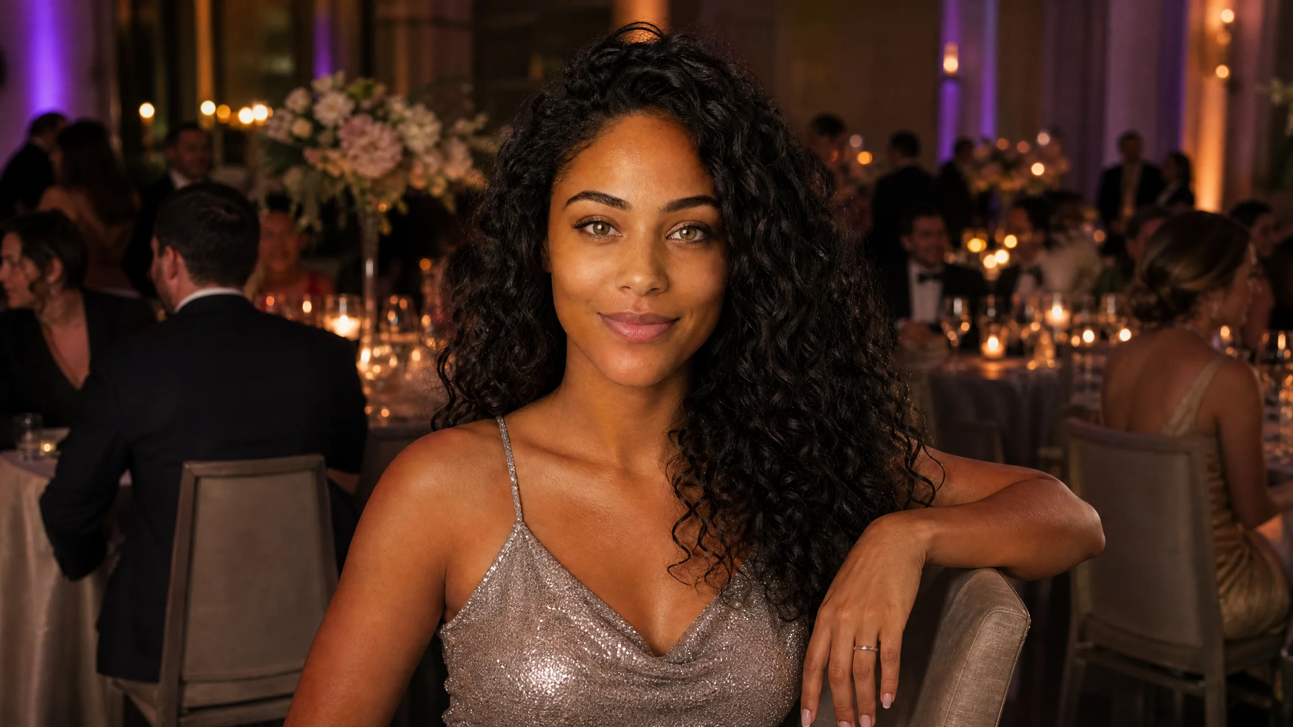 Dressed for the Banquet A woman in a shimmering champagne-colored dress leans on a chair at a banquet table with candles and flowers