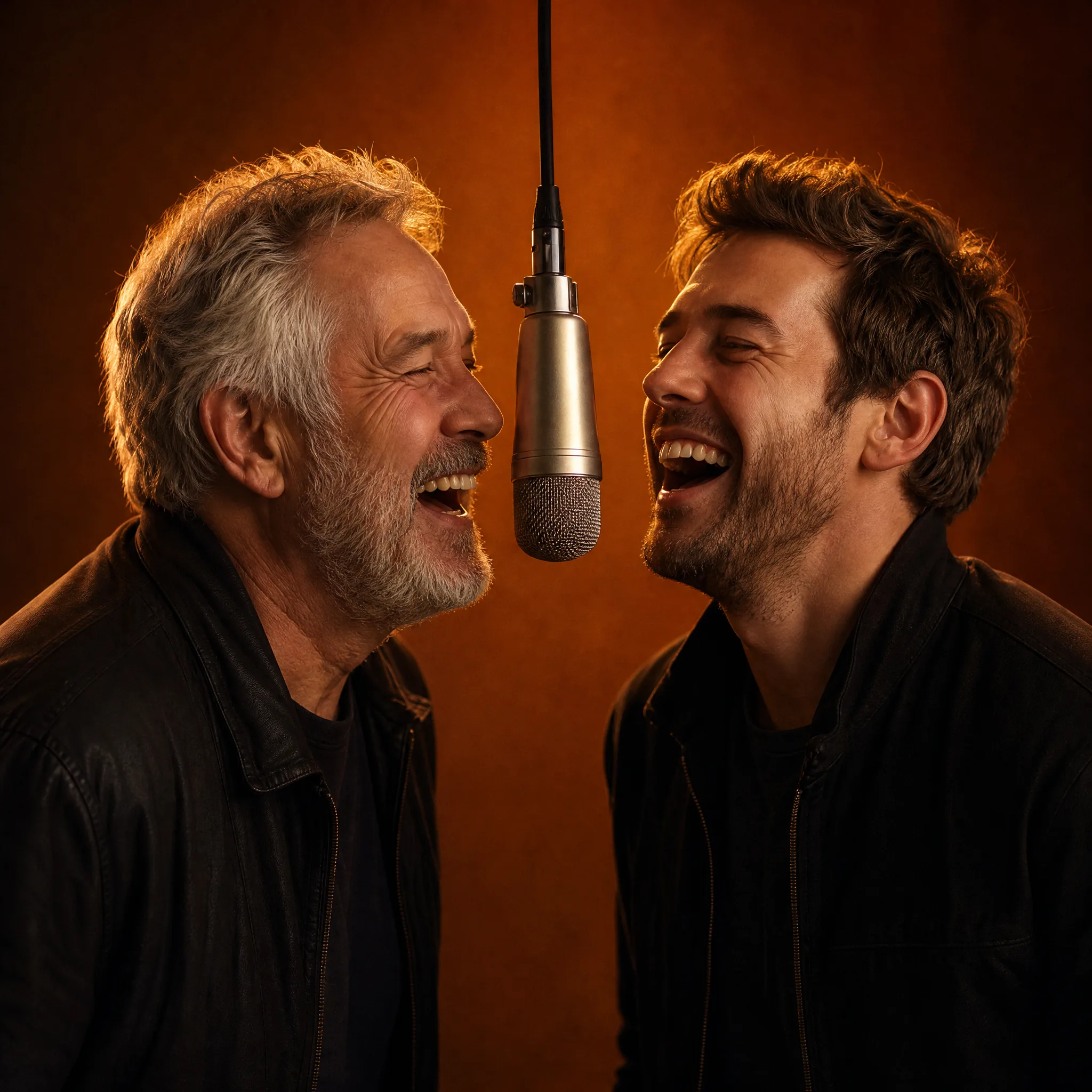 A father and his grown son laughing into one hanging microphone under warm orange light