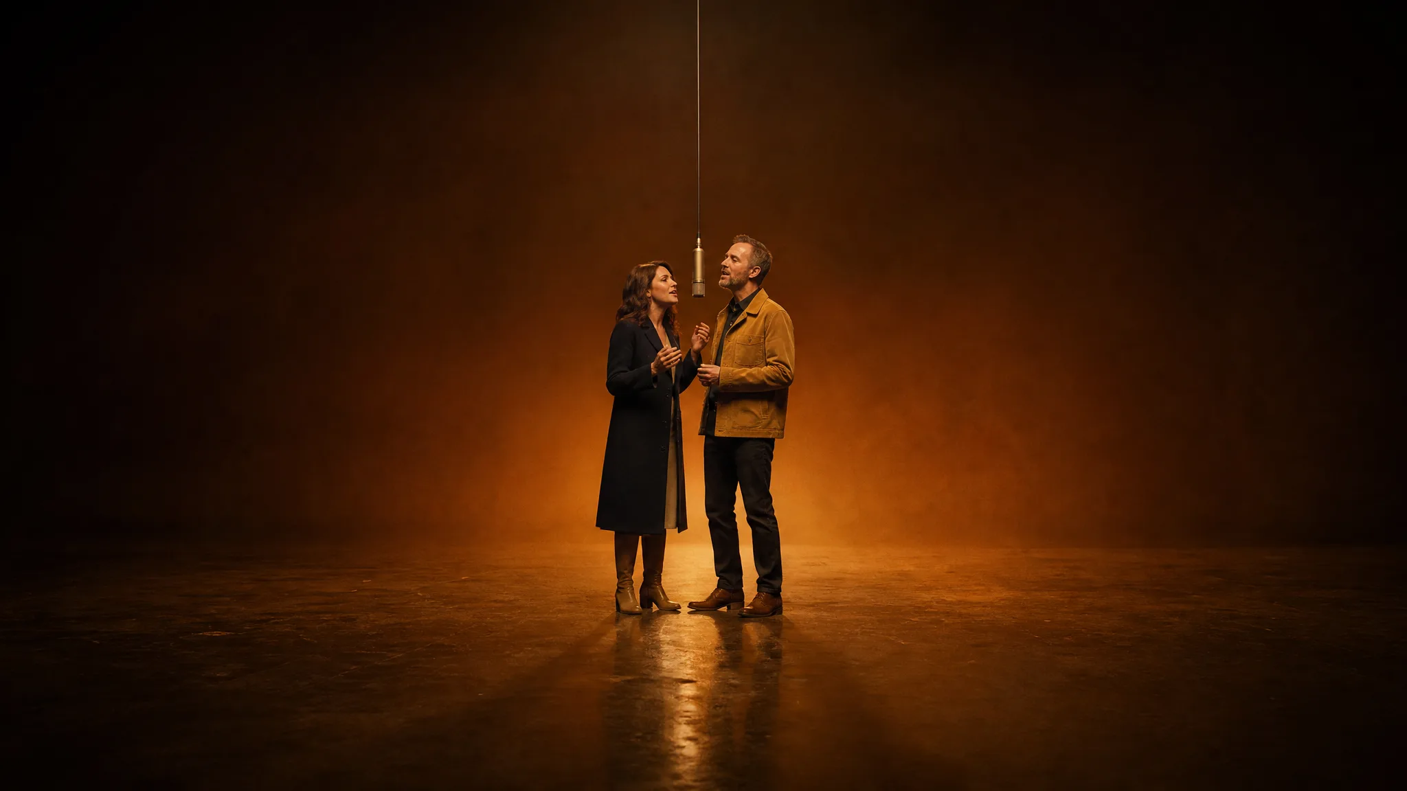 Wide shot of a couple in a navy coat and a camel jacket sharing one hanging mic in an empty amber-lit room