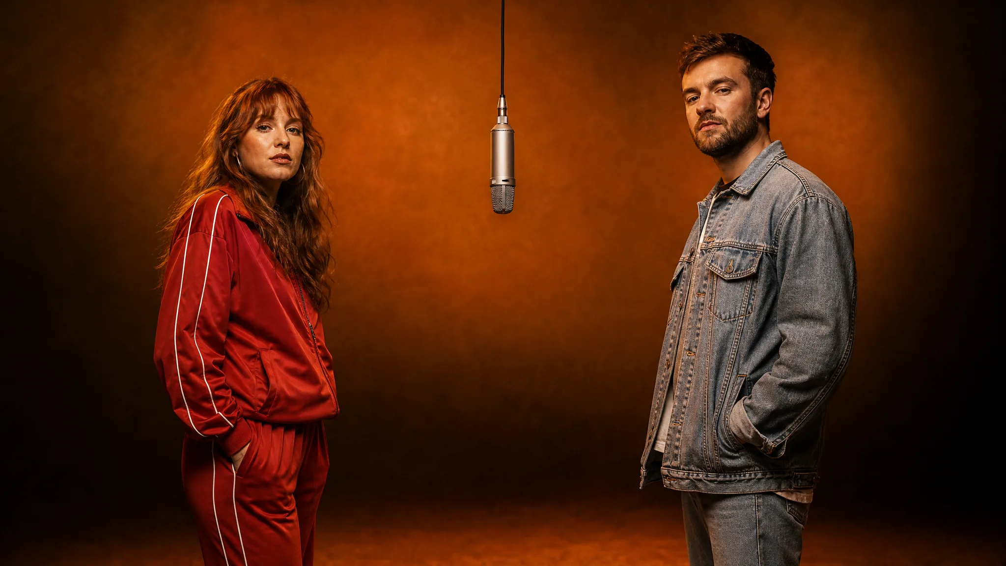 Two Photos, Two Rappers A woman in a red tracksuit and a bearded man in a denim jacket on either side of a hanging mic
