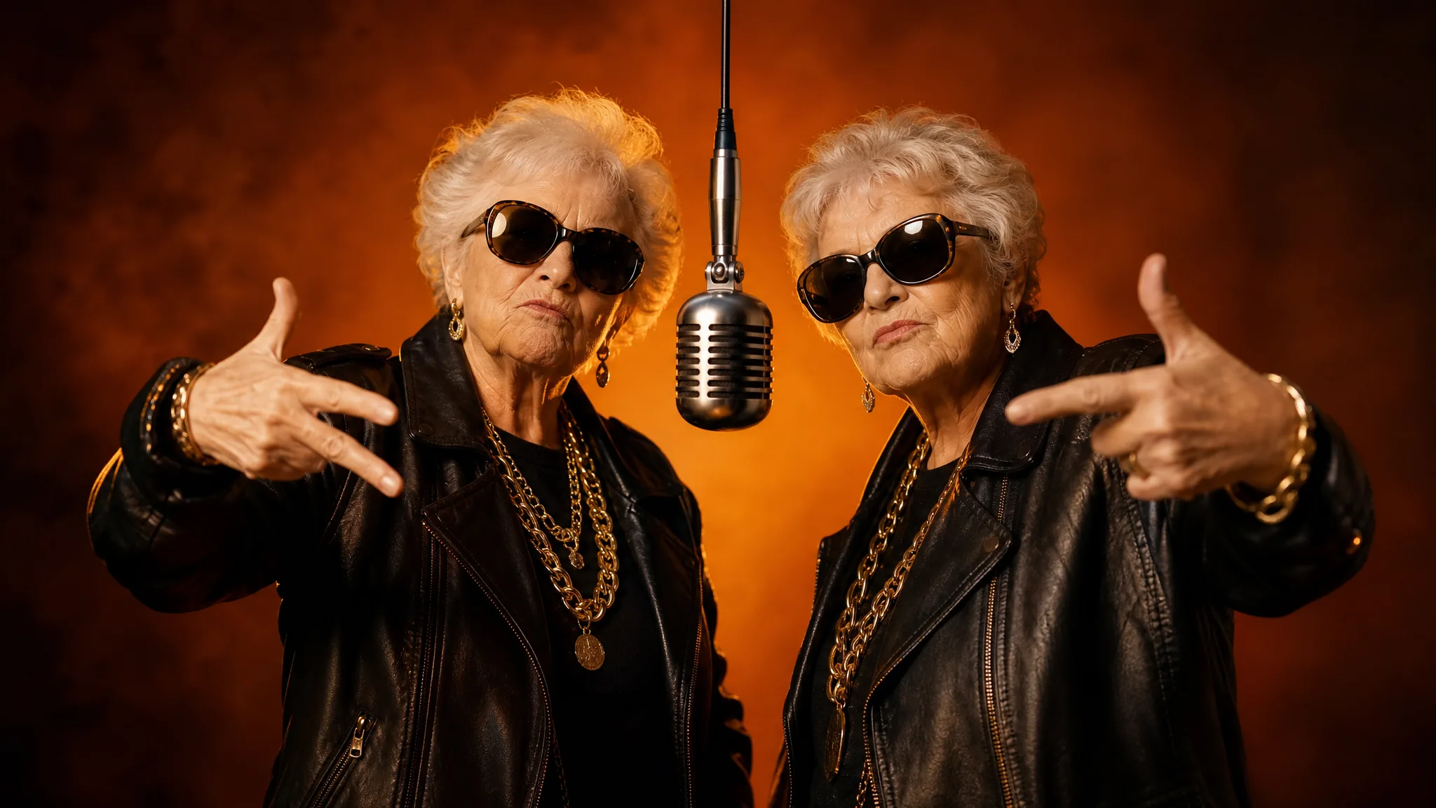 Two grandmothers in matching black leather jackets, stacked gold chains and dark shades stand beside a hanging mic