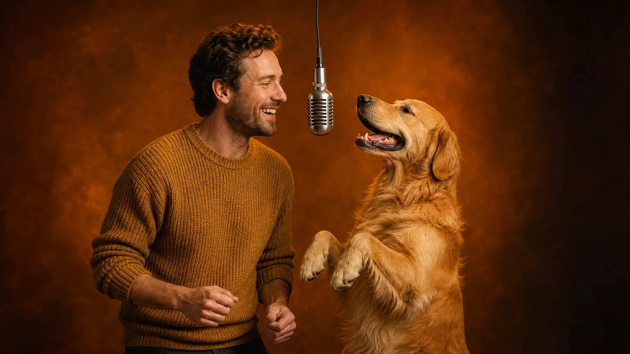 A grinning man in a mustard sweater and his golden retriever, standing upright, turn toward a hanging mic in an orange studio