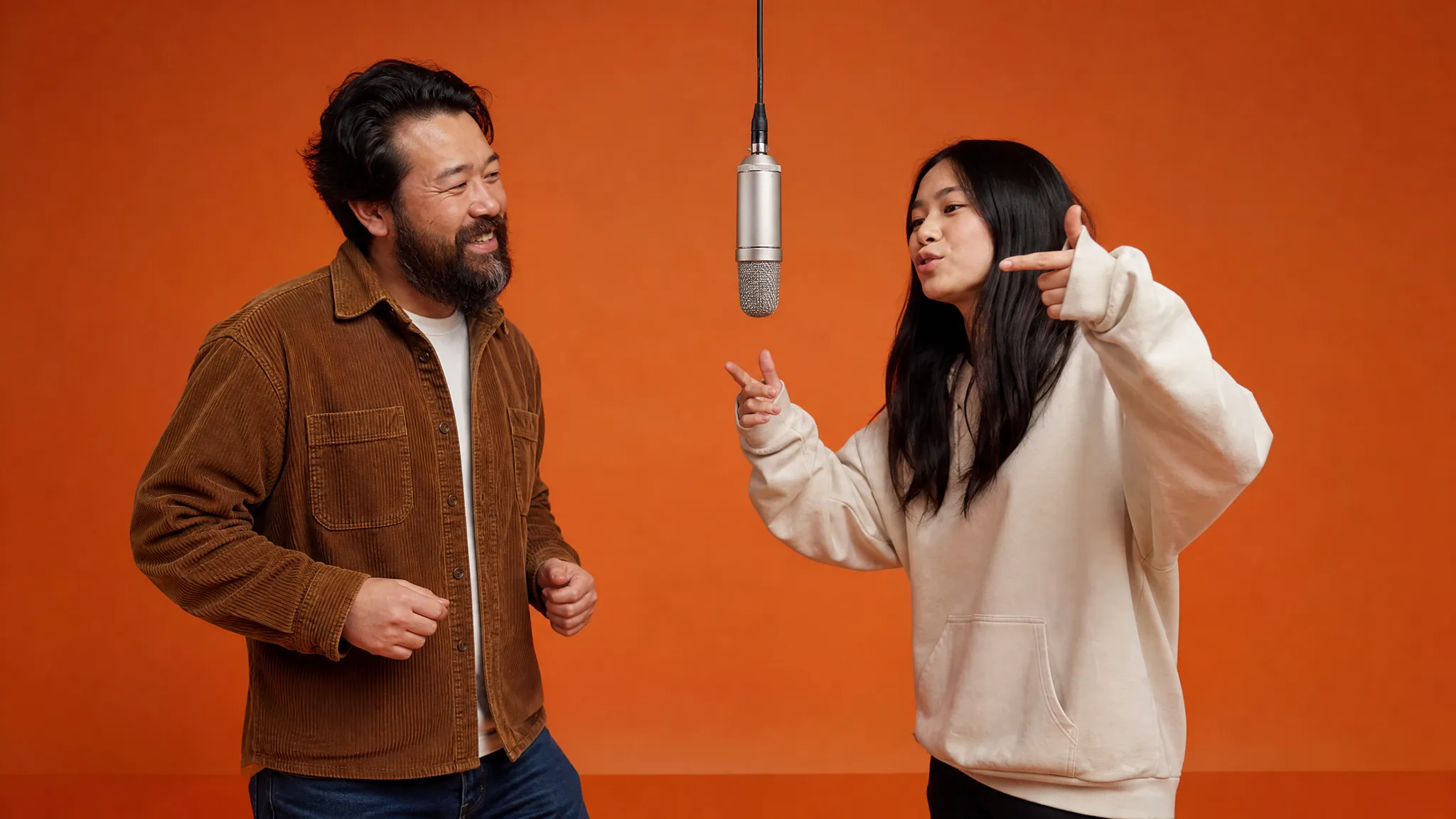 Uncle and Niece Share the Verse A bearded uncle in a corduroy shirt laughs while his teenage niece in a cream hoodie raps into the hanging mic